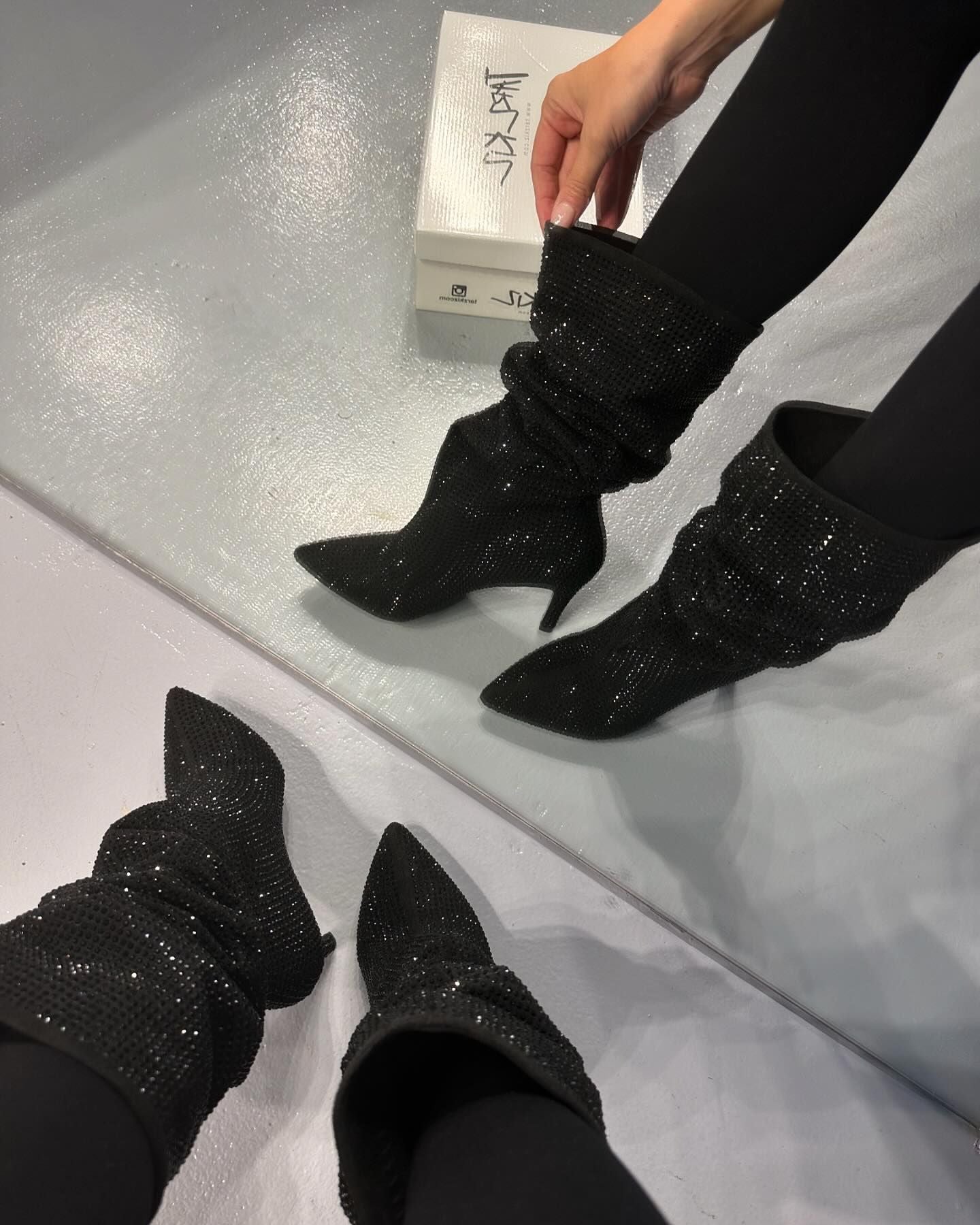 Soft black diamond high-heeled boots