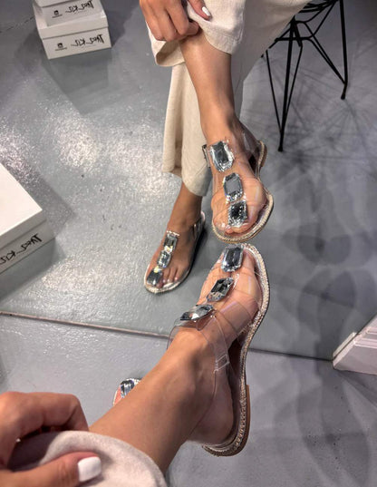 Silver three large crystal sandals