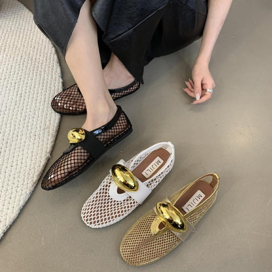 Fishnet flat metal buckle sandals