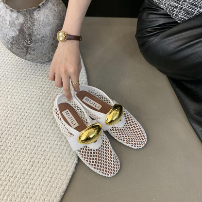 Fishnet flat metal buckle sandals