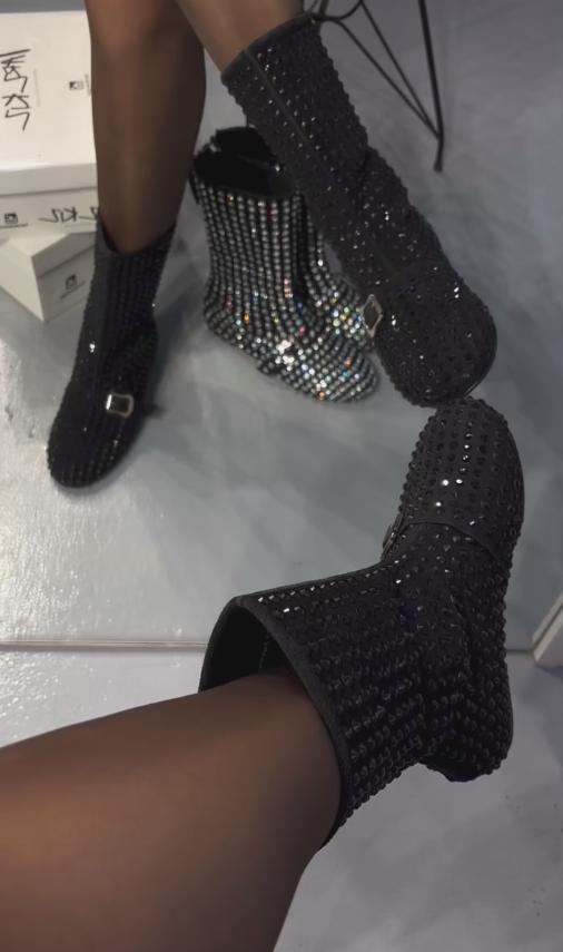 Sparkling diamond mid-calf black boots