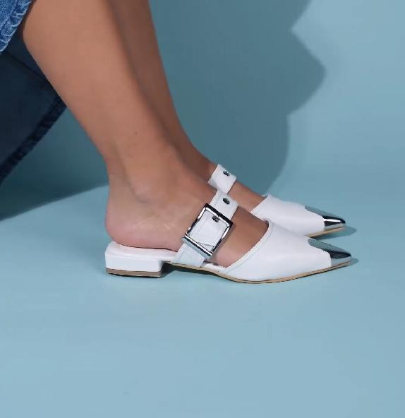 White pointed buckle sandals