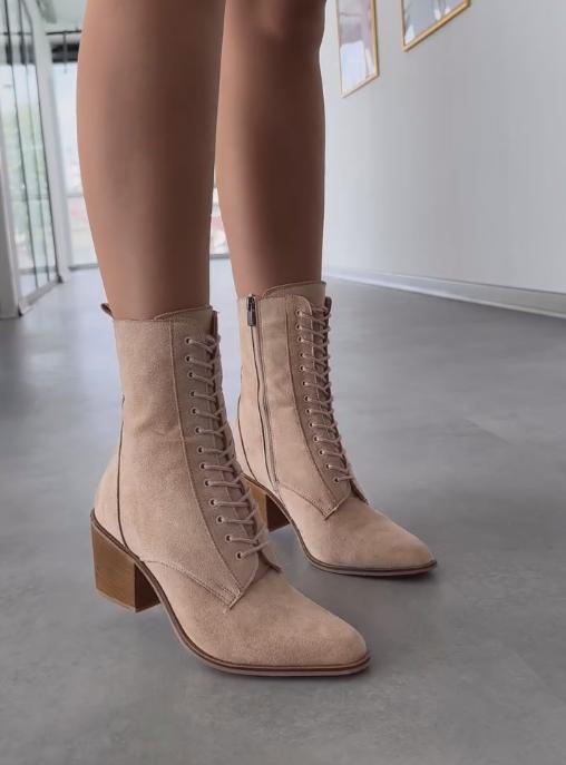 Light brown suede mid-calf lace-up boots