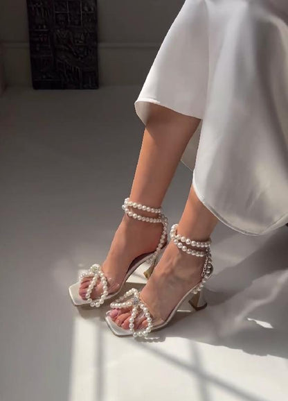 Pearl bow embellished high heels