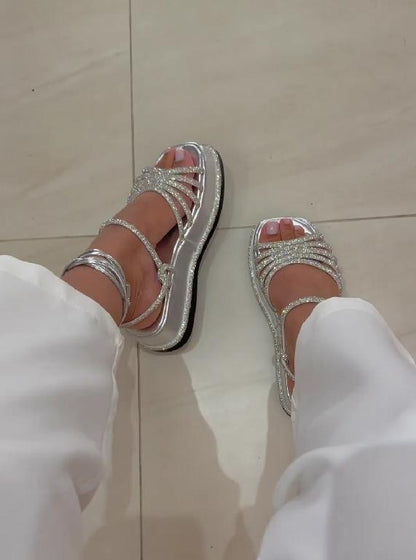 Silver shiny rope strap casual sandals