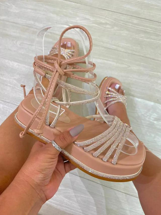 Pink leather sequin strappy high top sandals