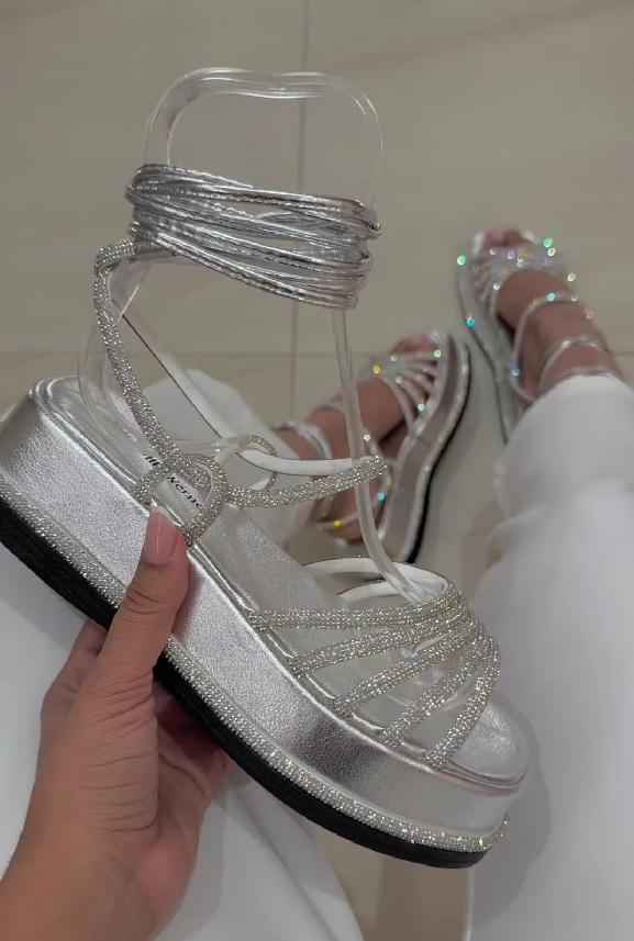 Silver shiny rope strap casual sandals