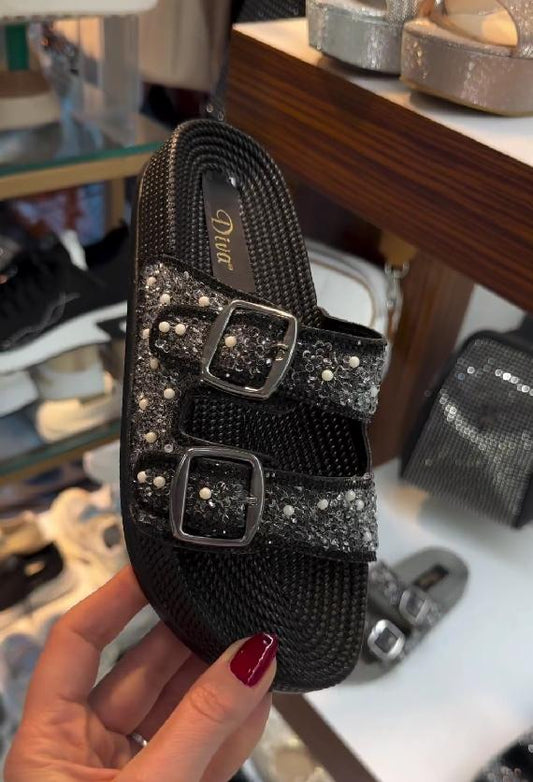 double buckle sequined sandals