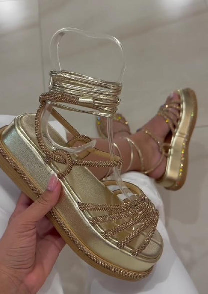 Gold shiny rope strap casual sandals