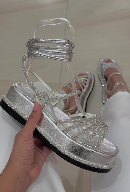 Silver shiny rope strap casual sandals