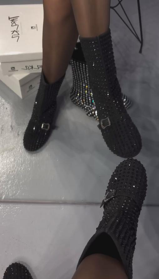 Sparkling diamond mid-calf black boots