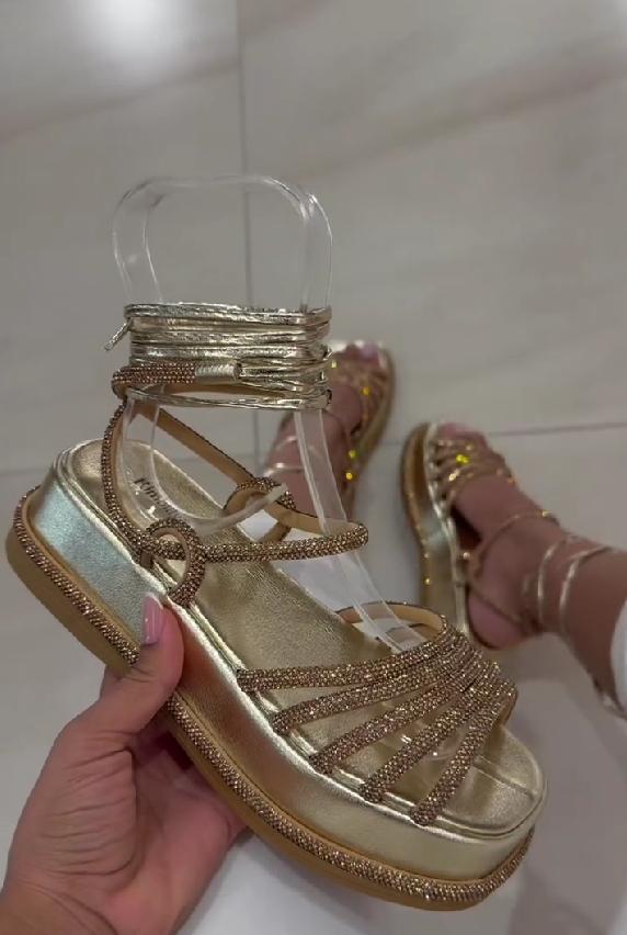 Gold shiny rope strap casual sandals