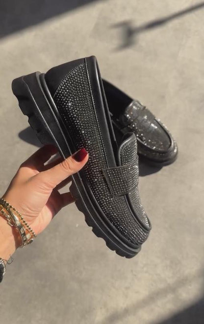 Black Sequined Diamond Loafers