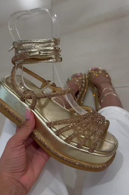 Gold shiny rope strap casual sandals