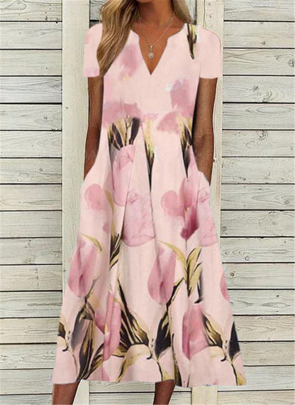 Floral Tunic V-Neckline Midi A-line Dress