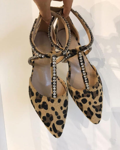 Leopard print diamond strappy pointed toe flat sandals