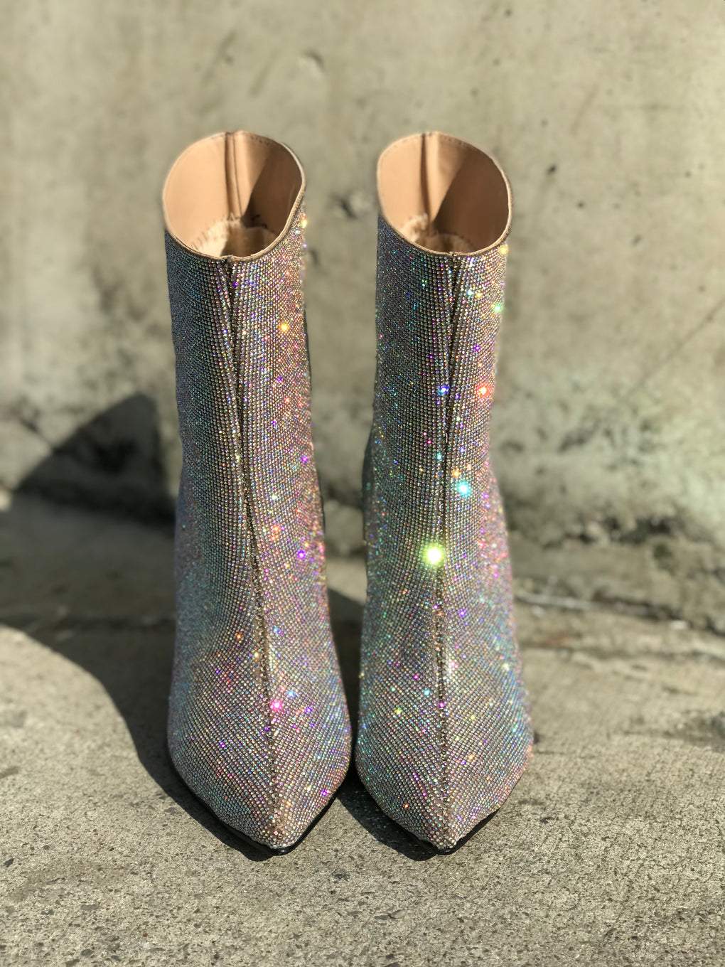 Colorful diamond-encrusted pink mid-calf boots