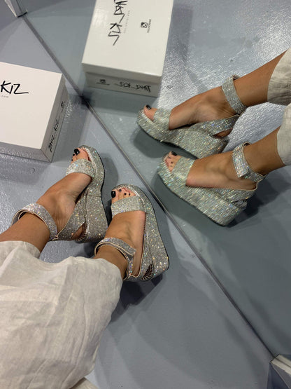 Silver Sequin Strap Platform Sandals