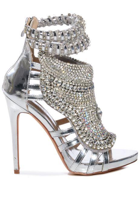 Diamond-studded cutout high-heeled sandals