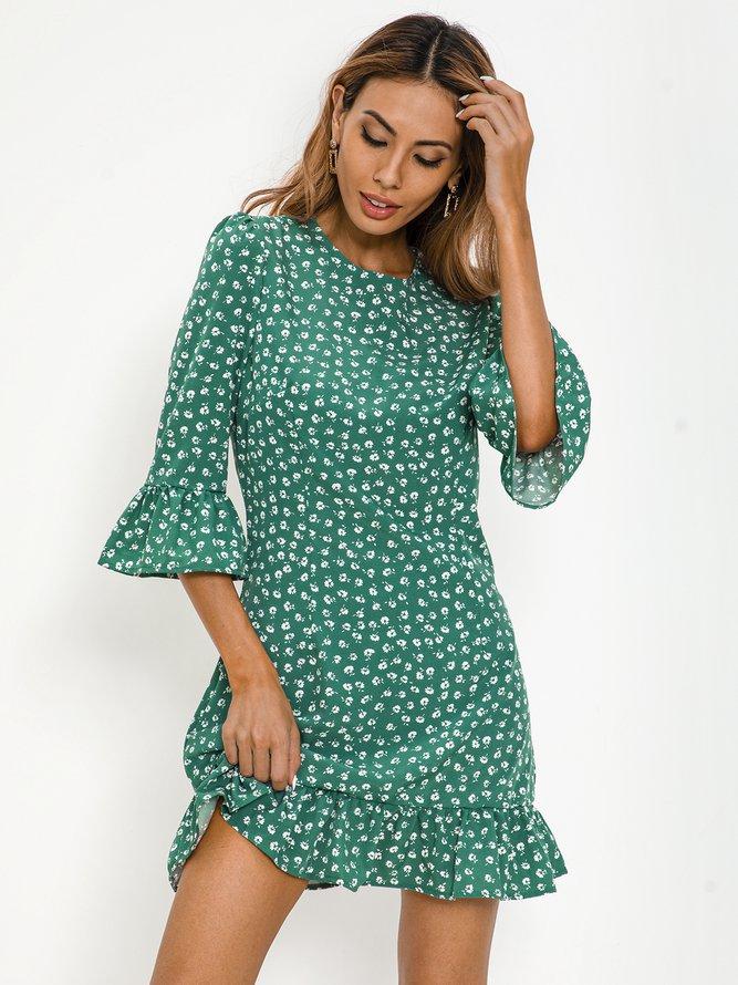 Green Frill Sleeve Holiday Weaving Dress