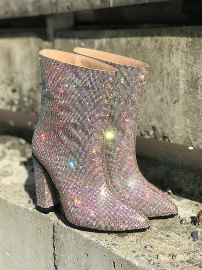 Colorful diamond-encrusted pink mid-calf boots