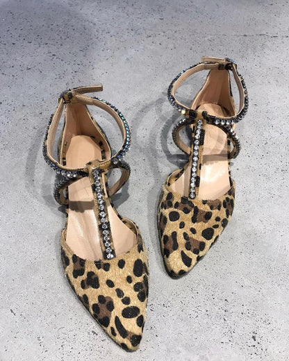 Leopard print diamond strappy pointed toe flat sandals