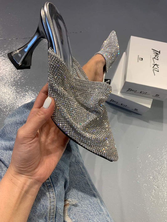 Silver rhinestone high-heeled sandals