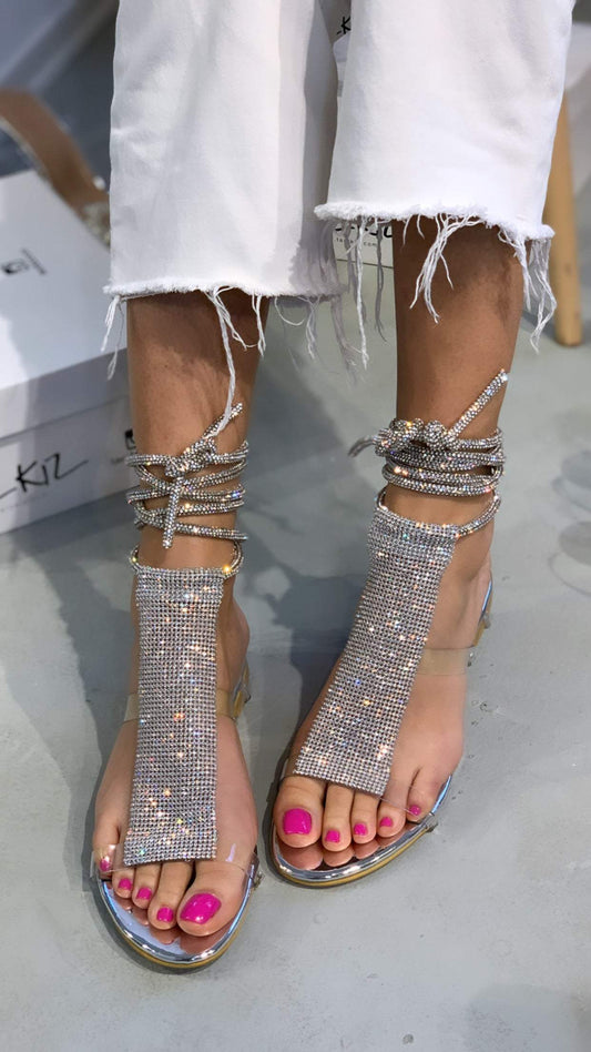 sequin embellished flat lace-up sandals