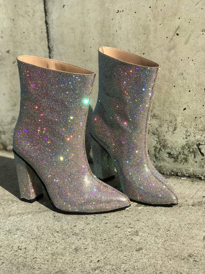 Colorful diamond-encrusted pink mid-calf boots