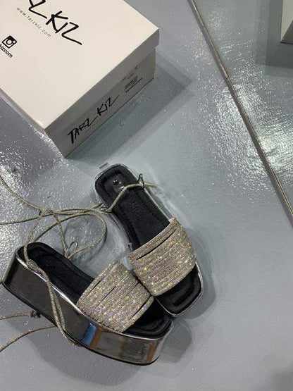 Silver Lace-Up Sequin Wrap Sandals
