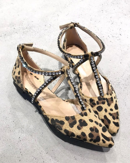 Leopard print diamond strappy pointed toe flat sandals