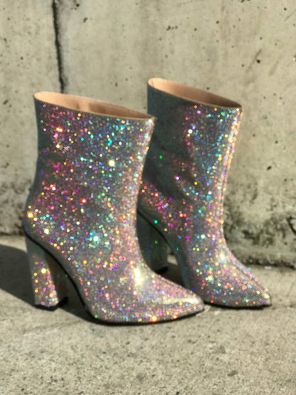 Colorful diamond-encrusted pink mid-calf boots