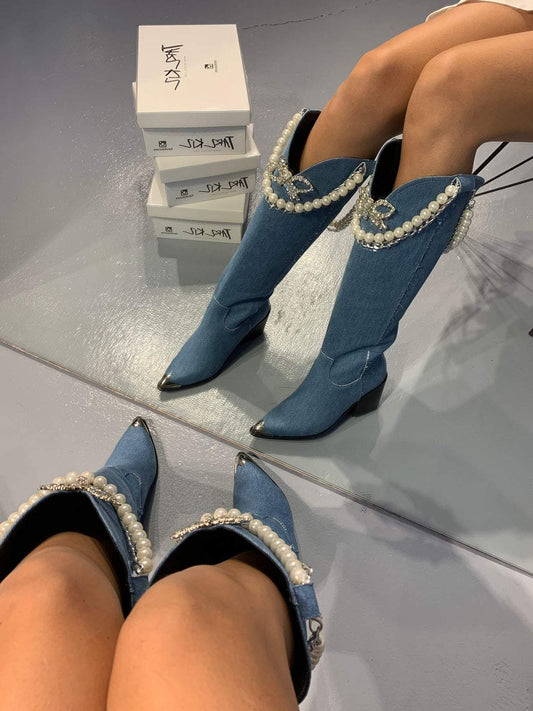 Pearl chain embellished blue denim boots