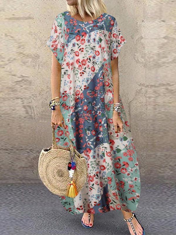 Floral Printed Short Sleeve O-neck Maxi Dress