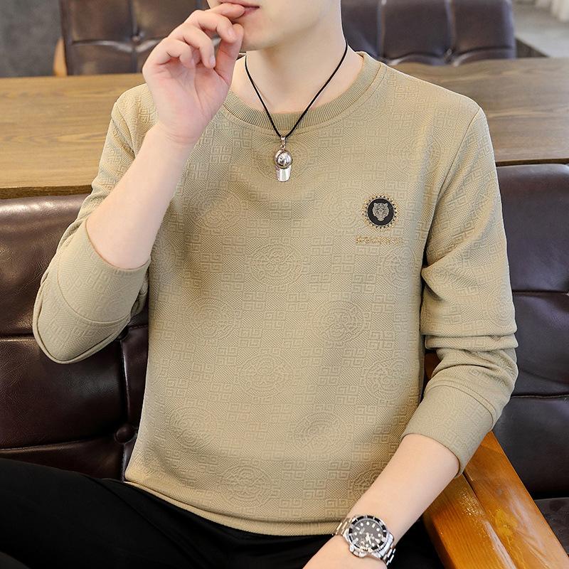 Men's Spring and Autumn Loose White Round Neck Long Sleeve T-shirt