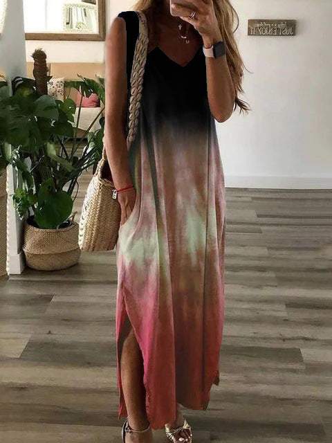 V-neck tie-dye printed sleeveless long dress