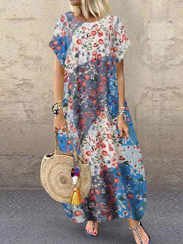 Floral Printed Short Sleeve O-neck Maxi Dress