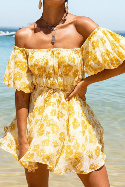 Off Shoulder Elastic Shrink Digital Print Fluffy Dress