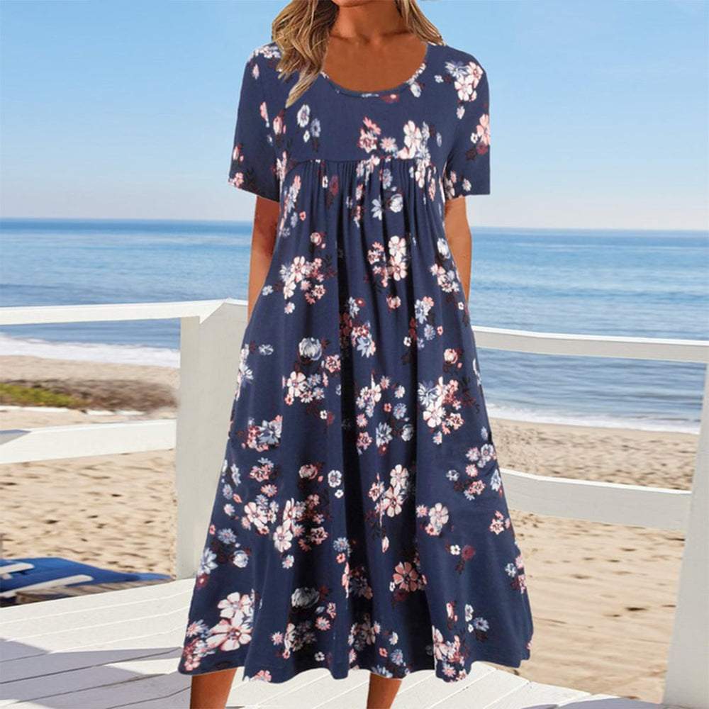 Youthful Blue Round Neck Midi Dress