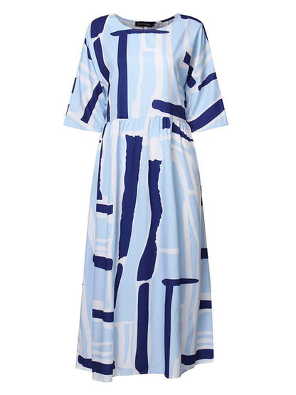 O-Neck Print Half Sleeve Blue Maxi Dress