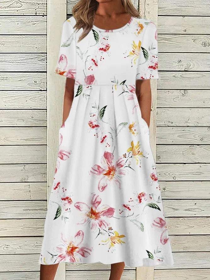 Floral Printed Short Sleeve O-neck Dress