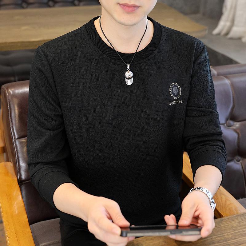 Men's Spring and Autumn Loose White Round Neck Long Sleeve T-shirt