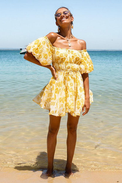 Off Shoulder Elastic Shrink Digital Print Fluffy Dress