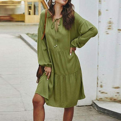 Groovy Long Sleeve Plain Green Mini Dress