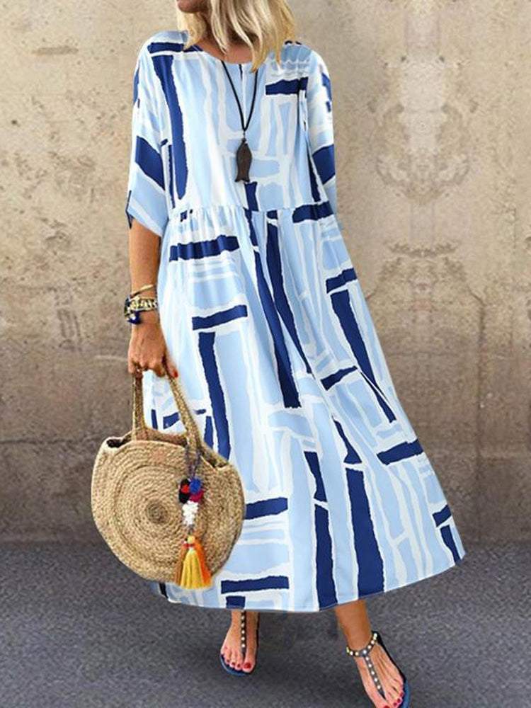 O-Neck Print Half Sleeve Blue Maxi Dress