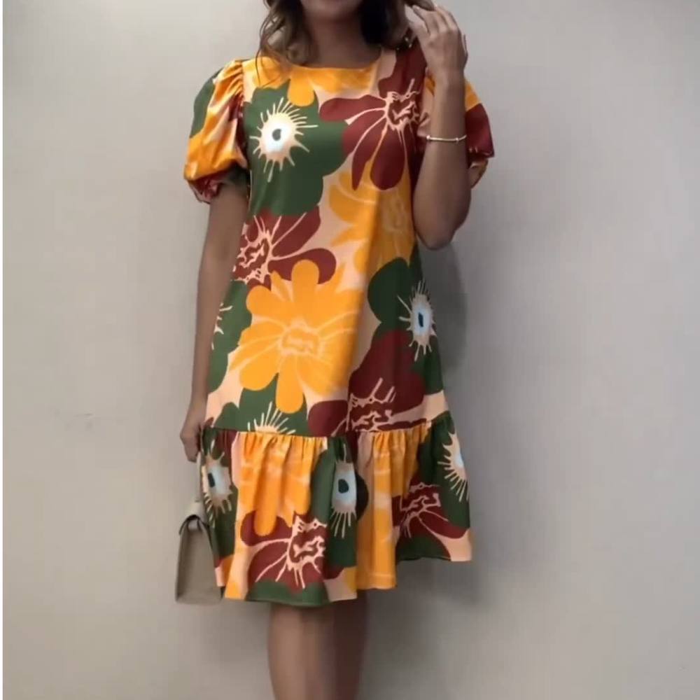 Colorful Floral Puff Sleeve Printed Midi Dress