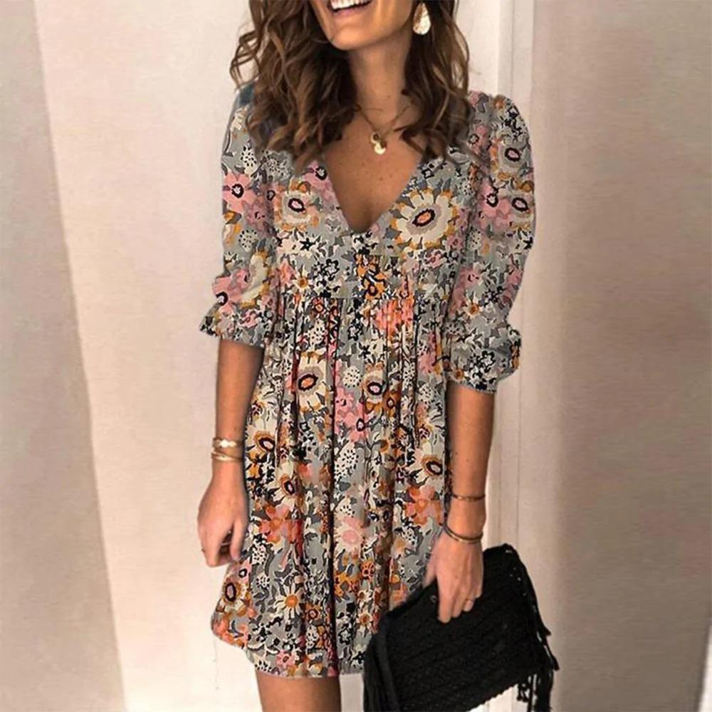 Retro Flower Garden V-Neck Mini Dress