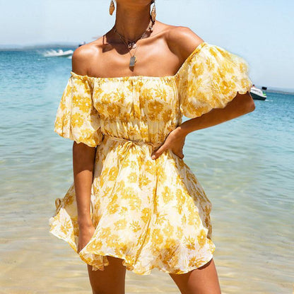 Off Shoulder Elastic Shrink Digital Print Fluffy Dress