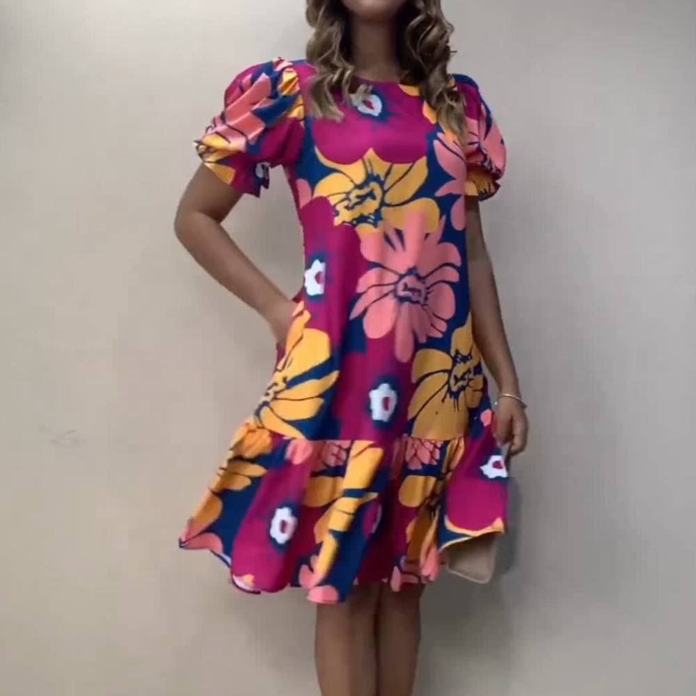 Colorful Floral Puff Sleeve Printed Midi Dress