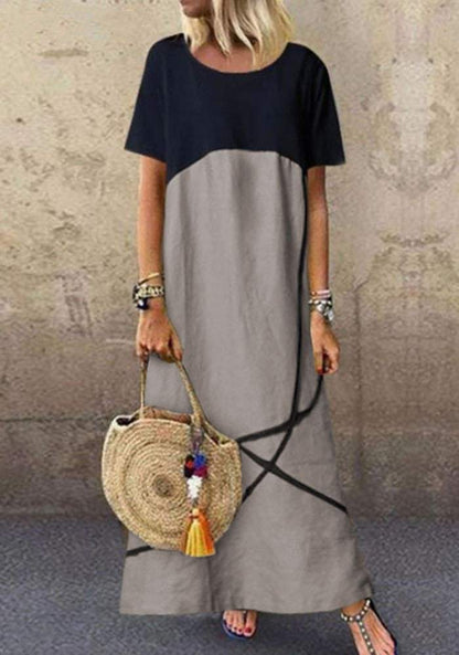 Casual Vintage Colorblock Crew Neck Short Sleeve Maxi Dress